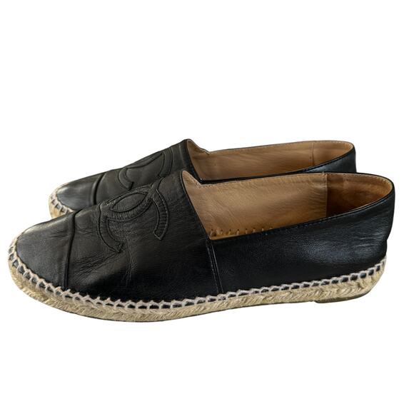Chanel Black Leather Interlocking CC Logo Espadrilles Flats Size EU 39 - Picture 5 of 14